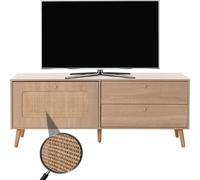 Mueble para TV HWC-M38, mueble bajo para televisión, armario para TV, cómoda, con cajón y puerta, de ratán Kubu y madera, 56x140x41 cm, aspecto roble