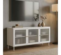 Mueble para TV HWC-O87, mueble bajo para TV, aparador con puertas y compartimentos de almacenamiento, estilo industrial, metal y vidrio, 58x120x40 cm, color blanco