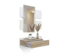 Mueble recibidor con 1 cajón y espejo en blanco artik y roble canadian 75 cm milo