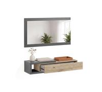 Mueble recibidor con 1 cajón y espejo en gris grafito y alpino oak 95 cm derek