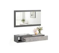 Mueble recibidor con 1 cajón y espejo en gris grafito y gris cemento 95 cm derek