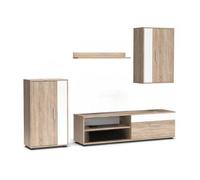 Mueble Salón Modular Bosco Mueble Tv + 2 Vitrinas + Estante En Color Roble Y Blanco