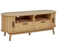 Mueble TV 2 cajones con 2 Puertas correderas 2 estantes MDF Patas de Madera Maciza Madera Clara Selah