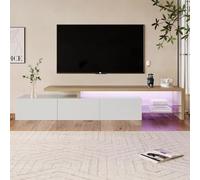 Mueble TV 200 cm de longitud, mueble de TV blanco y madera, mueble Tele blanco brillante con LED y almacenamiento, moderno banco de TV de cristal y madera para salón o dormitorio