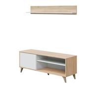 Habitdesign Módulo TV Kikua Plus con estante Blanco Artik y Roble Canadian 135×50×40 cm