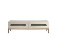 Mueble tv de diseño moderno con estructura de madera de mdf color gris y patas de madera en color nogal.