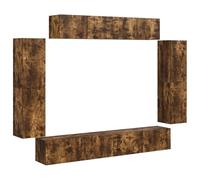 Mueble TV de pared 8 Pc roble ahumado, 4 grandes y 2 compartimentos | Estructura modular, fácil instalación en la pared, ahorro de espacio, puertas cerradas, tono neutro, mantenimiento paño