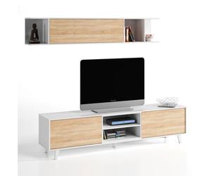 Mueble tv kira 1 estante 2 puertas, color roble/blanco, 180 cm ancho 41 cm profundo 51 cm alto