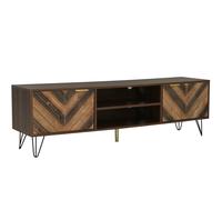 Mueble TV Móvil con 2 Puertas de Madera Maciza 2 Compartimentos Panel Bajo Manijas Doradas y Patas de Hierro Natural