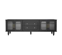 Mueble TV móvil de estilo retro con tiradores dorados, gran espacio de almacenamiento, puerta de vidrio y patas de madera maciza, 175x38x55,5 cm, Negro