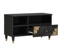 Mueble TV Negro 80x33x46 cm Madera Mango Maciza | Pomos latón vintage, patas latón, impresiones doradas, estilo contemporáneo, apto sala, almacenaje eficiente