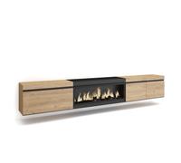 Mueble TV Skraut Home, 288x35x45cm, Chimenea eléctrica XXL led efecto fuego 3d, Colgado, Suspendido Oak and black