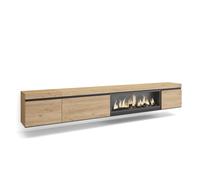 Mueble TV Skraut Home con tres puertas, 288x35x45cm, Chimenea eléctrica XXL led efecto fuego 3d, Colgado, Suspendido Oak