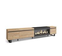 Mueble TV Skraut Home para salón, 288x35x57cm, Chimenea eléctrica XXL led efecto fuego 3d, Diseño industrial Oak and black