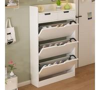 Mueble Zapatero Entrada Recibidor con 3 Cajones Abatibles Blanco Zapatero Mueble Organizador de Zapatos Separadores Ajustables Cajón Doble Shoe Cabinet Madera Maciza para Pasillo Salón A,50*17*121CM