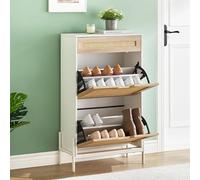 Mueble Zapatero Independiente de Ratán - 3 Cajones Abatibles y Estantes Ajustables de 3 Niveles, Diseño Compacto para Entrada, Pasillo o Porche - Almacena Zapatillas, Tacones y Botas - Color Blanco