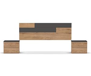 Muebles Pitarch | Conjunto Pack Cabecero y 2 Mesitas de Noche, Incluye Herrajes para Colgar, Guías metálicas, Gris y Roble Gold, Dormitorio Doble de Matrimonio, para Cama 150, Modelo Erika