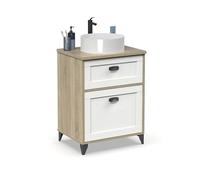 MUEBLES PITARCH | Mueble de Baño 60cm Ancho con Patas, Cajón guías Cierre Suave, 1 Puerta, para Lavabo de sobreponer, Roble Cambrian y Blanco, Estilo Vintage Modelo Toscana