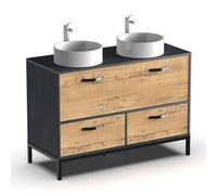 Muebles Pitarch | Mueble de Baño Doble 120cm ancho, Industrial Negro y Roble Gold, con estructura Patas, 2 Cajones y 1 Puerta, para Lavabos de sobreponer, modelo Sena