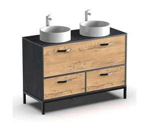 Muebles Pitarch | Mueble de Baño Doble 120cm ancho, Industrial Negro y Roble Gold, con estructura Patas, 2 Cajones y 1 Puerta, para Lavabos de sobreponer, modelo Sena