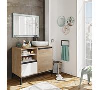 MUEBLES PITARCH | Mueble de Baño Industrial con Estructura Patas, 2 Estantes, Cajón y Puerta, Blanco, Roble Gold y Negro, para Lavabo de sobreponer, 100cm, Estilo Moderno Modelo Tamesis