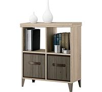 MUEBLES PITARCH Nordik Estantería Baja Nordik, con Molduras Decorativas y Cestas de Bambú, 79 x 70 x 33 cm(Alto x Ancho x Profundo), Color Roble Cambrian