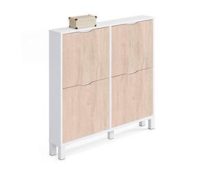 MUEBLES PITARCH | Recibidor Estrecho Zapatero con Patas de Entrada Pasillo, 4 Puertas, Blanco Alto Brillo y Roble Aurora, 8 Pares de Zapatos, 17cm Fondo, 97x98 (Alto x Ancho) Modelo Kay