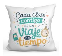 MUGFFINS Cojín con Relleno Regalo Profesora Historia | Cada Clase contigo es un Viaje en el Tiempo en Español | Detalle docente Escuela 40x40cm | Infantil v1