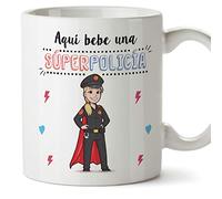 MUGFFINS policía. Tazas Originales de café y Desayuno para Regalar a Trabajadores Profesionales - AQUÍ Bebe UNA SÚPER POLICÍA - Cerámica 350 ml