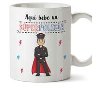MUGFFINS Policía Tazas Originales de café y Desayuno para Regalar a Trabajadores Profesionales - AQUÍ Bebe UN SÚPER POLICÍA - Cerámica 350 ml
