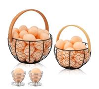 Mulaibdin 2 cestas de alambre para huevos con asa, cesta de metal vintage, almacenamiento de huevos con hueveras, cesta de patatas, cesta redonda de metal para frutas, verduras, granja, cocina (negro)