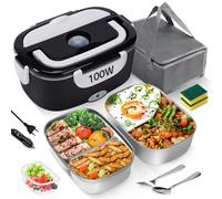 MULBEVD Fiambrera Electrica 100W, 3en1 Fiambreras Comida Trabajo, 12V/24V/220V Taper Electrico para Comida, 2 Recipiente Extraíble de Acero Inoxidable, Fiambrera Coche, Oficina (Negro, 1,5L)