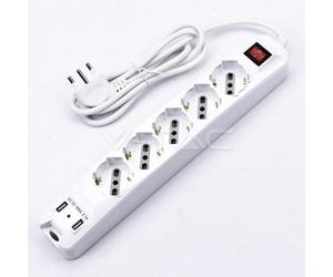 MULTISOCKET 5 ENCHUFES 10/16A BIPASS/SCHUKO 2 USB CON INTERRUPTOR DE LUZ BLANCA