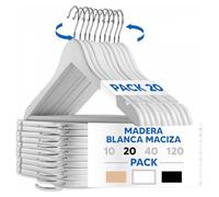 Mundo Home 20X Perchas Madera Blanca Maciza para Ropa - Colgadores de Madera con Gancho Giratorio 360º - Perchas Ropa para Pantalones, Camisa, Traje, Vestidos - Colgadores Antideslizantes