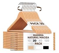 Mundo Home 20X Perchas Madera Natural Maciza para Ropa - Colgadores de Madera con Gancho Giratorio 360º - Perchas Ropa para Pantalones, Camisa, Traje, Vestidos - Colgadores Antideslizantes