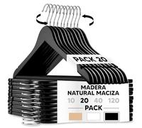 Mundo Home 20X Perchas Madera Negra Maciza para Ropa - Colgadores de Madera con Gancho Giratorio 360º - Perchas Ropa para Pantalones, Camisa, Traje, Vestidos - Colgadores Antideslizantes