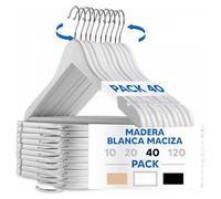 Mundo Home 40X Perchas Madera Blanca Maciza para Ropa - Perchas de Madera con Gancho Giratorio 360º - Perchas para Pantalones, Camisa, Traje, Vestidos - Colgadores de Ropa Antideslizante para el Hogar
