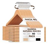 Mundo Home 40X Perchas Madera Natural Maciza para Ropa - Perchas de Madera con Gancho Giratorio 360º - Perchas para Pantalones, Camisa, Traje, Vestidos - Colgadores de Ropa Antideslizante para Hogar