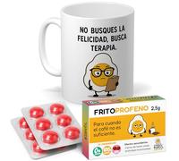 mundohuevo Regalo Pack Original para Amigos, Pareja, Familia y Oficina | Taza Divertida “Busca terapia” 350 ml + 12 Caramelos de broma en blister Sin Azúcar con sabor cereza.