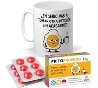 mundohuevo Regalo Pack Original para Amigos, Pareja, Familia y Oficina | Taza Divertida “¿En serio...?” 350 ml + 12 Caramelos de broma en blister Sin Azúcar con sabor cereza.