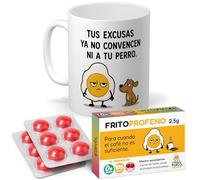 mundohuevo Regalo Pack Original para Amigos, Pareja, Familia y Oficina | Taza Divertida “Excusas” 350 ml + 12 Caramelos de broma en blister Sin Azúcar con sabor cereza.