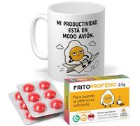 mundohuevo Regalo Pack Original para Amigos, Pareja, Familia y Oficina | Taza Divertida “Modo avión” 350 ml + 12 Caramelos de broma en blister Sin Azúcar con sabor cereza.