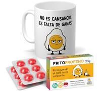 mundohuevo Regalo Pack Original para Amigos, Pareja, Familia y Oficina | Taza Divertida “No es cansancio… 350 ml + 12 Caramelos de broma en blister Sin Azúcar con sabor cereza.