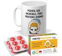 mundohuevo Regalo Pack Original para Amigos, Pareja, Familia y Oficina | Taza Divertida “Prefiero dormir 350 ml + 12 Caramelos de broma en blister Sin Azúcar con sabor cereza.