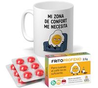 mundohuevo Regalo Pack Original para Amigos, Pareja, Familia y Oficina | Taza Divertida “Zona de confort” 350 ml + 12 Caramelos de broma en blister Sin Azúcar con sabor cereza.