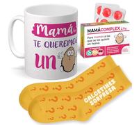 mundohuevo Regalo para Mamá | Taza de Cerámica + Calcetín Sorpresa + Caramelos Mamá Complex | Mamá te Queremos un Huevo | Detalle Original Día de la Madre