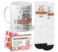 mundohuevo Super Regalo para 50 mujer | Taza de Cerámica + Calcetín 50 mujer + Caramelos |Estas estupenda ya tienen 50 | Detalle Original Día de la madre, amigas, cumpleaños
