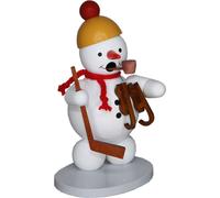 Muñeco de nieve de madera para ambientar con patines y palo de hockey. Altura: 13 cm. Producto nuevo