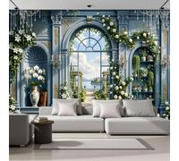 Mural De Pared Azul Ventana Con Arco Floral Nórdico, Papel Pintado Fotográfico Tejido No Tejido Paisaje Vegetal Natural, 400X280Cm, Fotomurales Moderna Decorativo Para Sala De Estar, Dormitorio