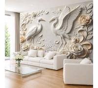 Mural De Pared con Relieve De Yeso Falso Estilo Zen Oriental 350 × 245 cm (Ancho X Alto). Dos Elegantes Grullas Blancas Posadas Sobre Suaves Ondulaciones De Agua. Papel Pintado Fotográfico para De